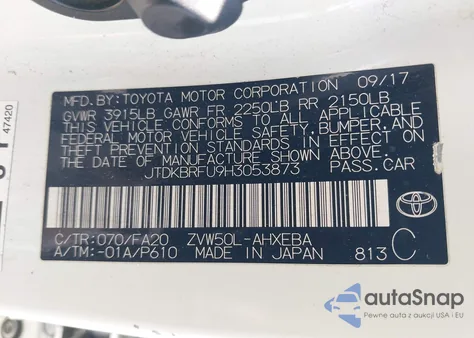 2017 Toyota Prius Two из США, поврежденный, VIN JTDKBRFU9H3053873